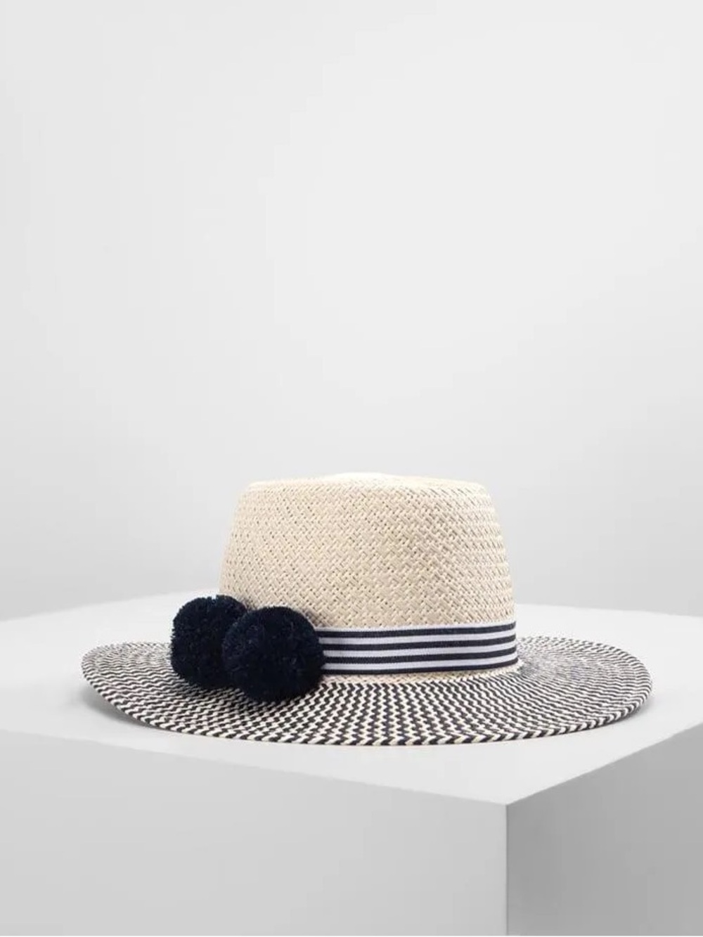 J.Crew Boater Hat with Pom Poms - S/M - Navy & Raffia